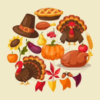 Happy Thanksgiving Day greeting card with holiday objects.