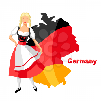 Girl in national costume of Germany on map. Traditional national symbols.
