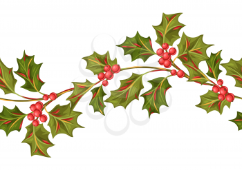 Seamless pattern with holly branches and berries. Stylized hand drawn background in retro style.