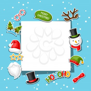 Merry Christmas card with photo booth stickers. Design for festival and party.