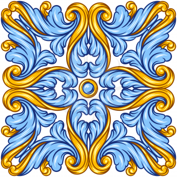 Portuguese azulejo ceramic tile pattern. Mediterranean traditional ornament. Italian pottery or spanish majolica. Baroque damask background with vintage scroll leaves.