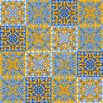 Portuguese azulejo ceramic tile pattern. Mediterranean traditional ornament. Italian pottery or spanish majolica. Baroque damask background with vintage scroll leaves.