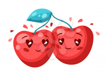 Cute couple of cherries in love. Valentine Day greeting card. Illustration of kawaii characters with eyes hearts.