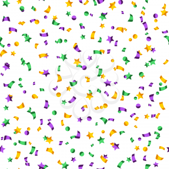 Seamless pattern with confetti in Mardi Gras colors. Carnival background for traditional holiday or festival.