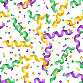 Seamless pattern with serpentine in Mardi Gras colors. Carnival background for traditional holiday or festival.