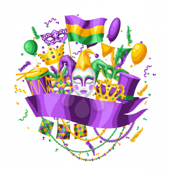 Mardi Gras party greeting or invitation card. Carnival background for traditional holiday or festival.