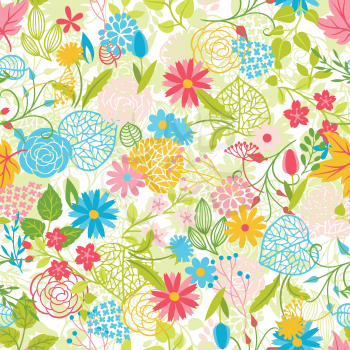 Seamless pattern with spring flowers. Beautiful decorative natural plants, buds and leaves.