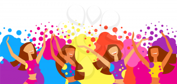 Happy dansing girls throw paint. Poster for Holi color festival.