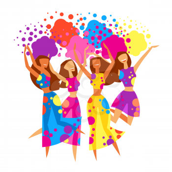 Happy dansing girls throw paint. Poster for Holi color festival.