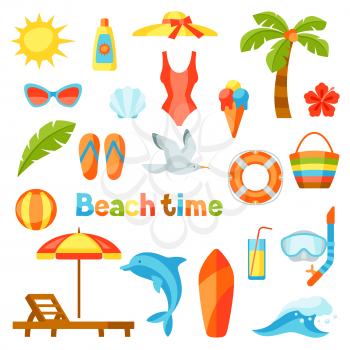 Set of summer and beach objects. Illustration of stylized items.