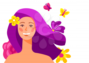 Illustration of beautiful girl with flowers. Beautiful young woman in trendy style.