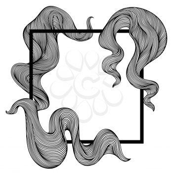 Frame with wave line curls. Monochrome stripes black and white texture. Wavy abstract fur or hair.