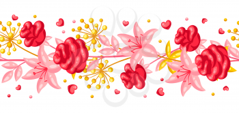 Seamless pattern with romantic flowers. Valentine Day background. Beautiful decorative plants and hearts.