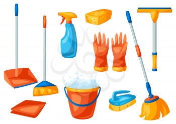 Housekeeping cleaning items set. Illustration for service, design and advertising.