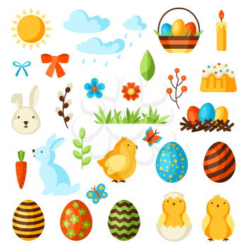 Happy Easter set of holiday items. Decorative symbols and objects, eggs, bunnies.