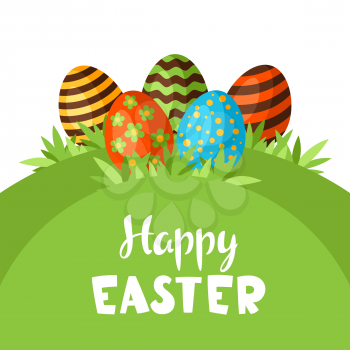 Happy Easter background with holiday items. Decorative symbols and objects, eggs, bunnies.