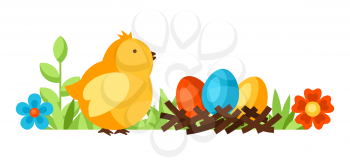 Happy Easter background with holiday items. Decorative symbols and objects, eggs, bunnies.