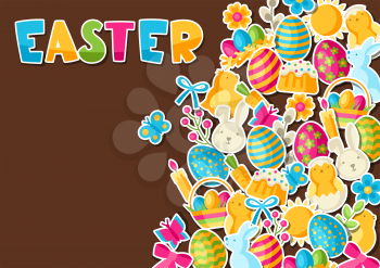 Happy Easter greeting card with holiday stickers. Decorative symbols and objects, eggs, bunnies.