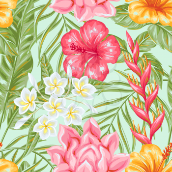 Seamless pattern with tropical flowers and leaves. Decorative exotic foliage, palms and plants.