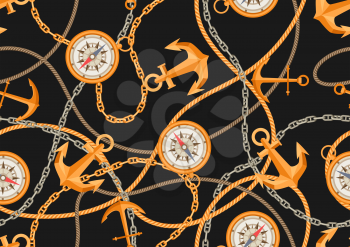 Nautical seamless pattern with sailing items, ropes and chains. Marine decorative background.