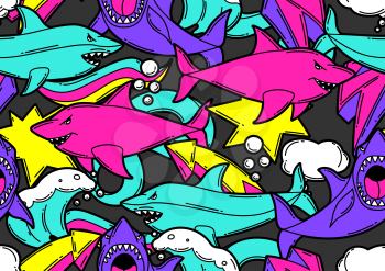 Seamless pattern with cartoon sharks. Urban colorful teenage creative background. Fashion symbols in modern comic style.