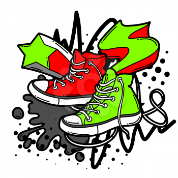 Illustration with cartoon sneakers. Urban colorful teenage creative image. Fashion symbol in modern comic style.
