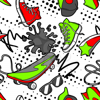 Seamless pattern with cartoon sneakers, skateboard and baseball cap. Urban colorful teenage creative background. Fashion symbols in modern comic style.