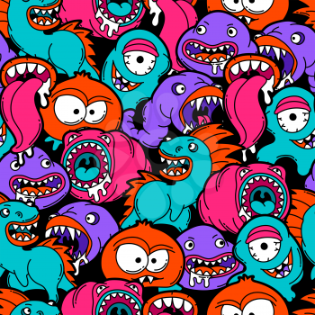 Seamless pattern with cartoon monsters. Urban colorful teenage creative background. Evil creatures in modern comic style.