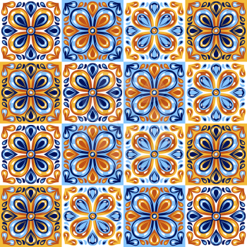 Italian ceramic tile pattern. Mediterranean porcelain pottery. Ethnic folk ornament. Mexican talavera, portuguese azulejo or spanish majolica.