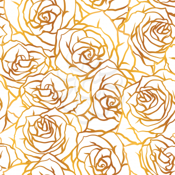 Seamless pattern with outline roses. Beautiful realistic flowers and buds.