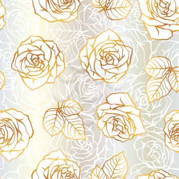 Seamless pattern with outline roses. Beautiful realistic flowers and leaves.