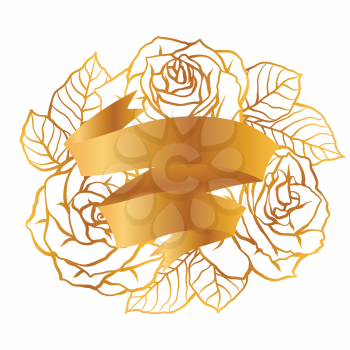 Background with outline roses. Beautiful realistic flowers and leaves.