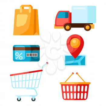 Supermarket selfservice and delivery icons. Grocery illustration in flat style.