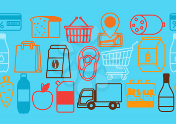 Supermarket seamless pattern with food icons. Grocery illustration in flat style.