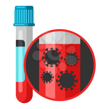 Illustration of medical test tube with blood. Coronavirus molecules Covid-19. Infection with new virus.