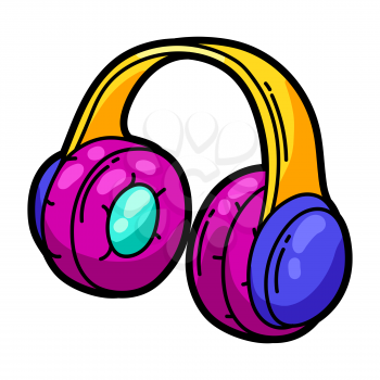 Illustration of cartoon musical headphones. Music party colorful teenage creative image. Fashion symbol in modern comic style.