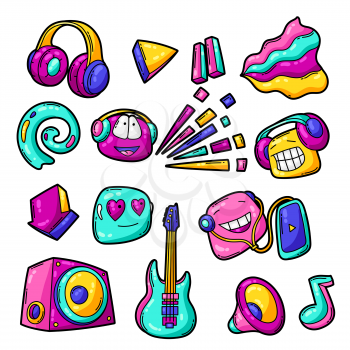 Set of cartoon musical items. Music party colorful teenage creative illustration. Fashion symbol in modern comic style.