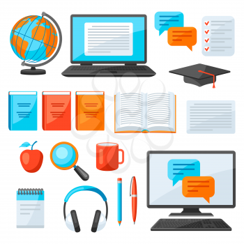 Set of online studying at home items. Distance education. Modern technologies using computer and internet.