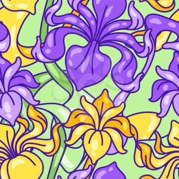 Seamless pattern with iris flowers. Art Nouveau vintage style. Natural decorative plants.