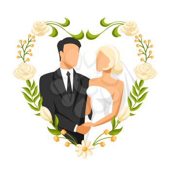 Wedding illustration of bride and groom. Married cute couple.