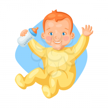 Illustration of cute little baby with bottle of milk. Eating pretty child.