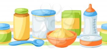 Seamless pattern with baby food items. Healthy child feeding.
