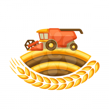 Illustration of combine harvester with ripe wheat ear. Agricultural emblem.