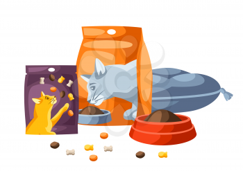 Background with various cat items. Illustration of food and couch.