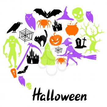 Happy Halloween greeting card with celebration items. Illustration or background for holiday and party.