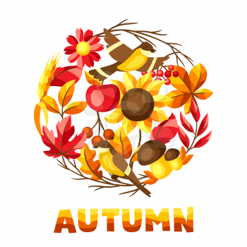 Autumn background with seasonal leaves and items. Illustration of foliage and flowers.