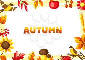 Autumn background with seasonal leaves and items. Illustration of foliage and flowers.