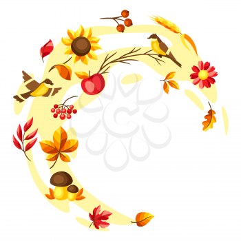 Autumn background with seasonal leaves and items. Illustration of foliage and flowers.