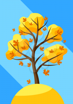 Autumn tree with falling leaves. Natural seasonal decorative illustration.