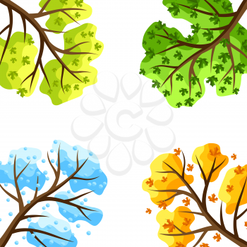 Four seasons trees background. Illustration of tree in winter, spring, summer, autumn.
